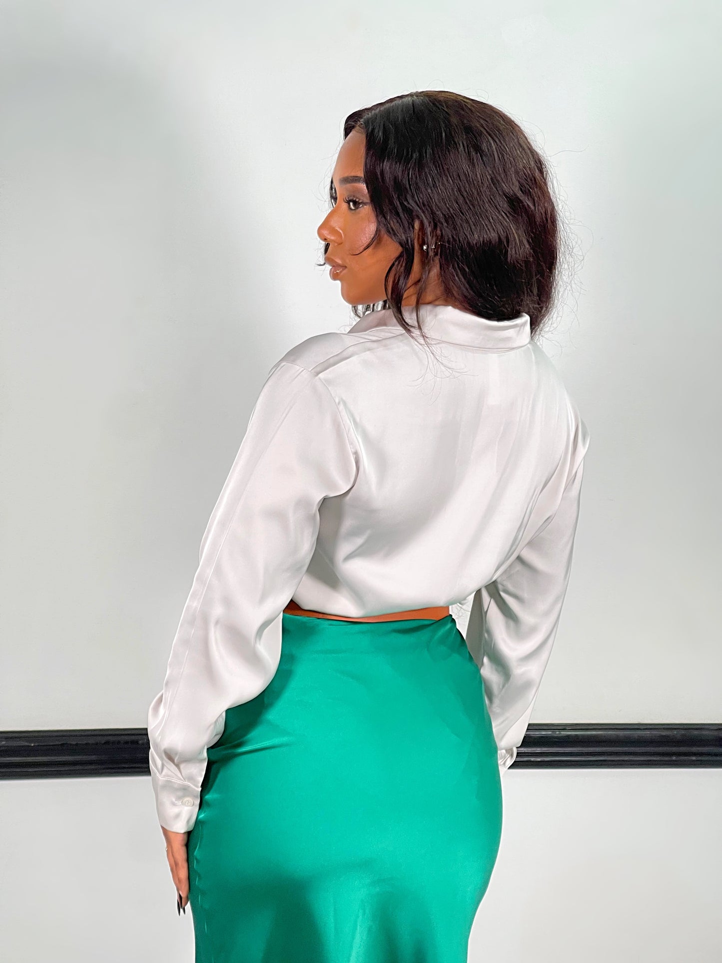 Nova Satin Button Front Shirt-Bone