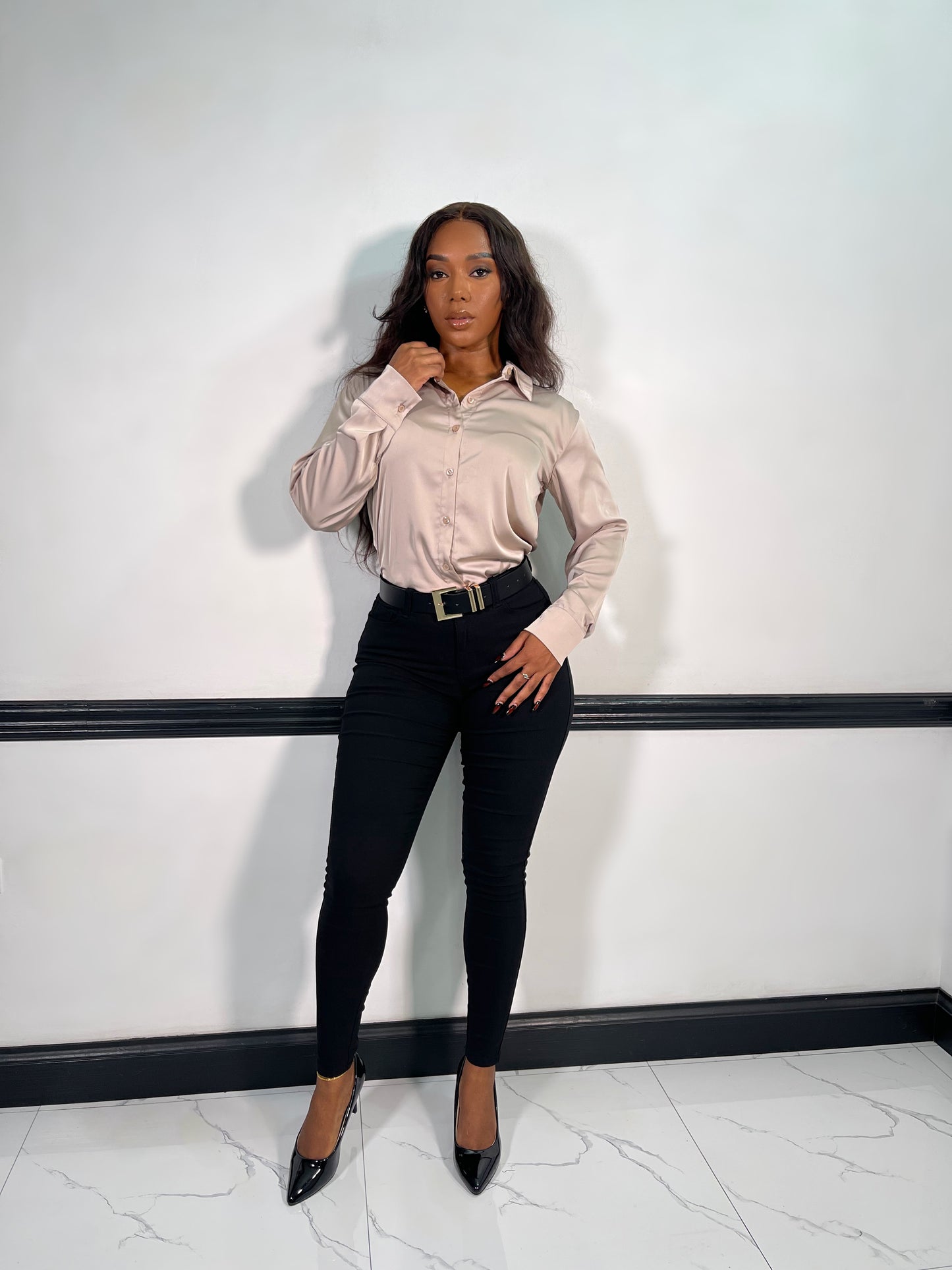 Nova Satin Button Front Shirt-Ash Mocha