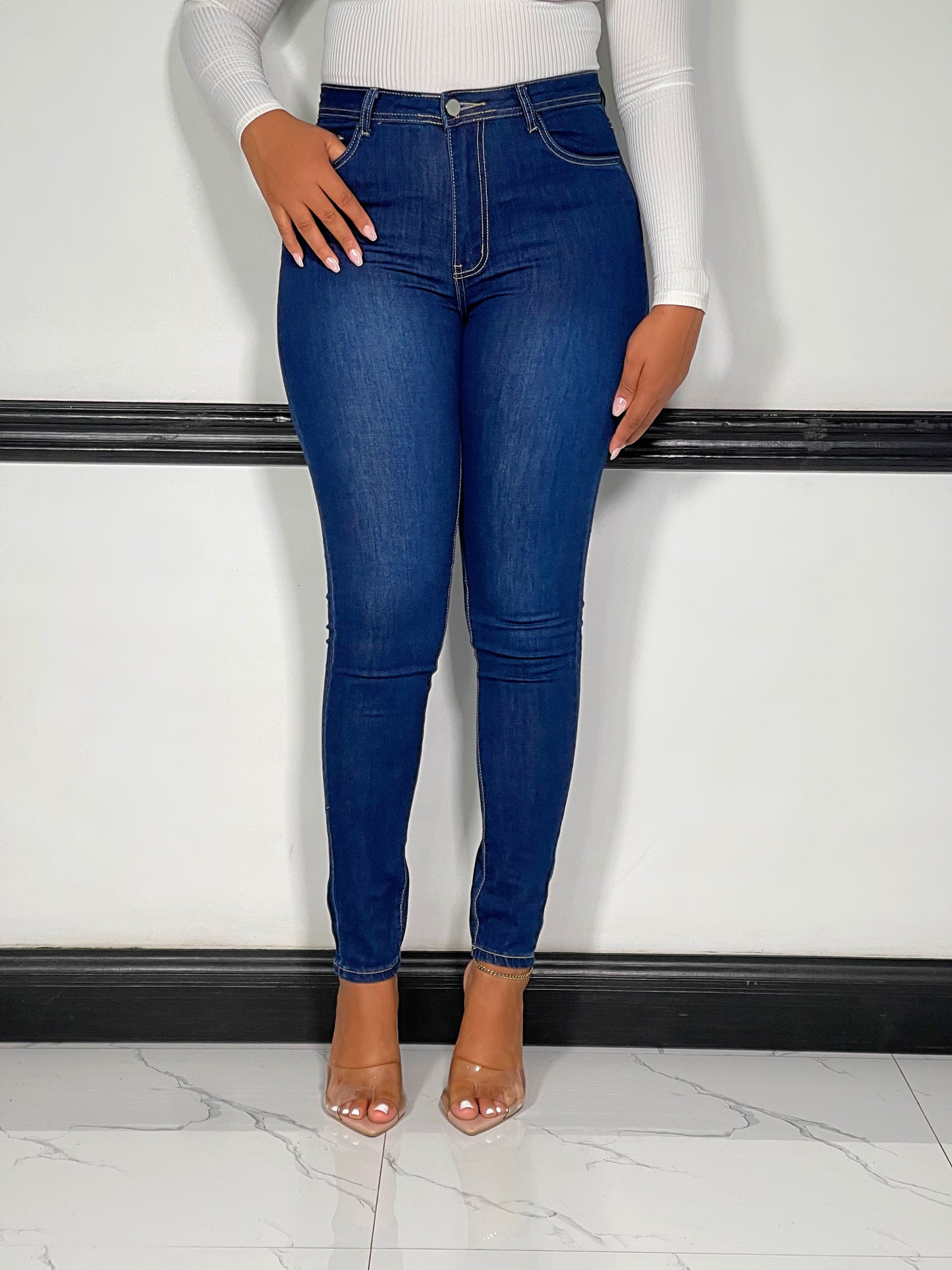 Yasmin High Waist Skinny Jeans-Dark Blue|Brown Threads