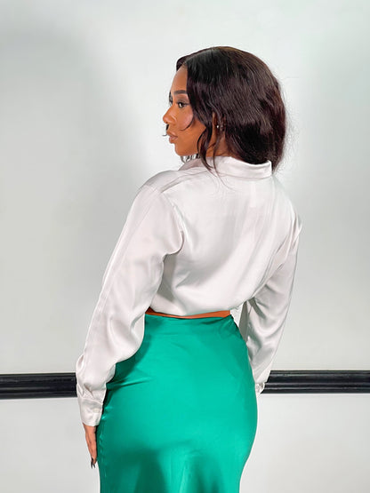 Nova Satin Button Front Shirt-Bone