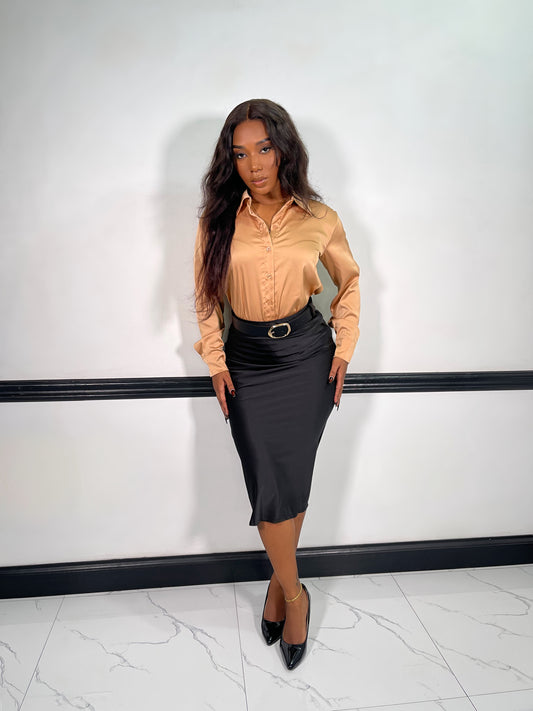 Silhouette Satin Midi Skirt-Black