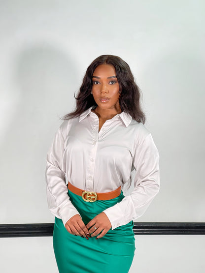 Nova Satin Button Front Shirt-Bone