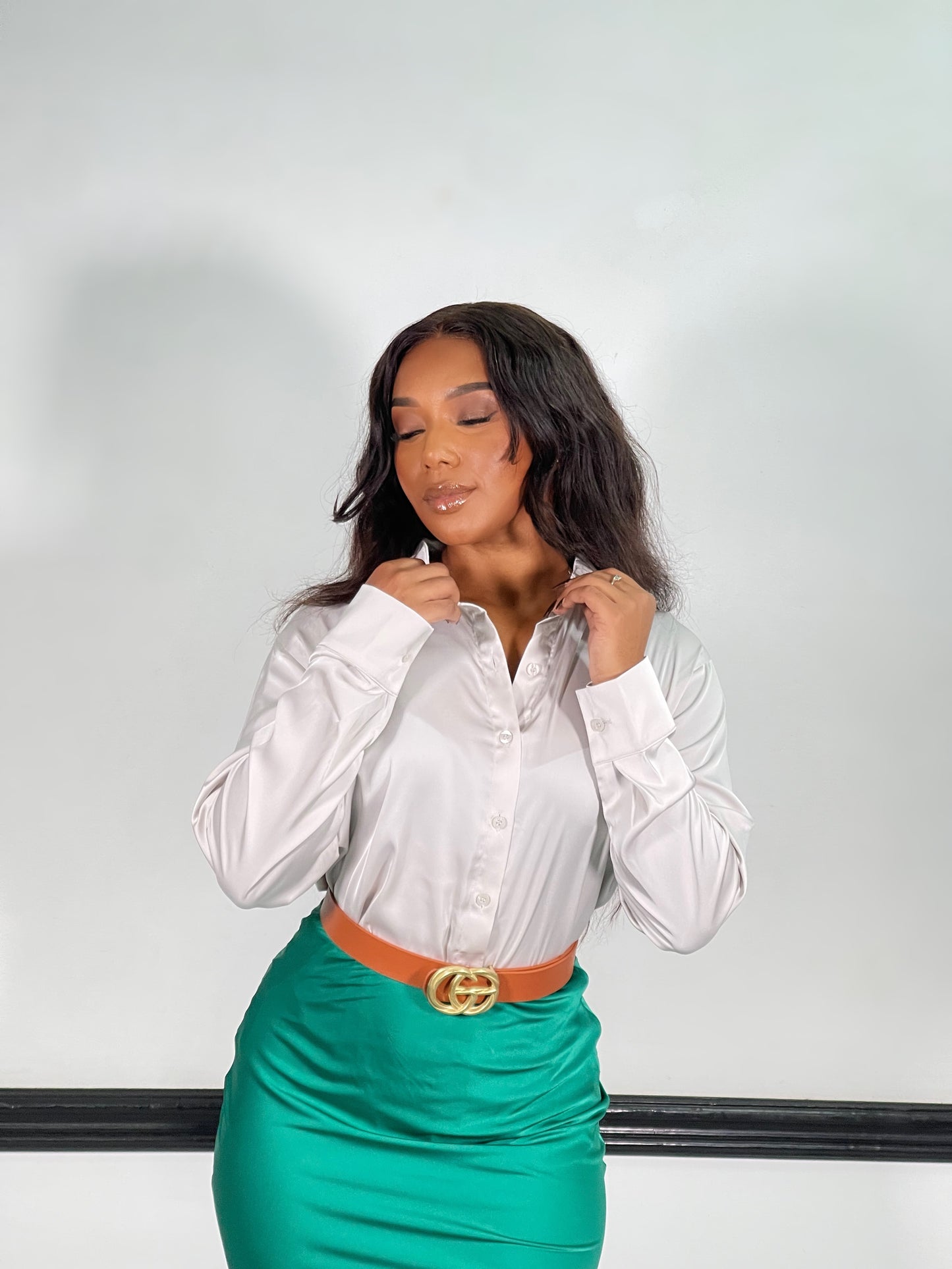 Nova Satin Button Front Shirt-Bone