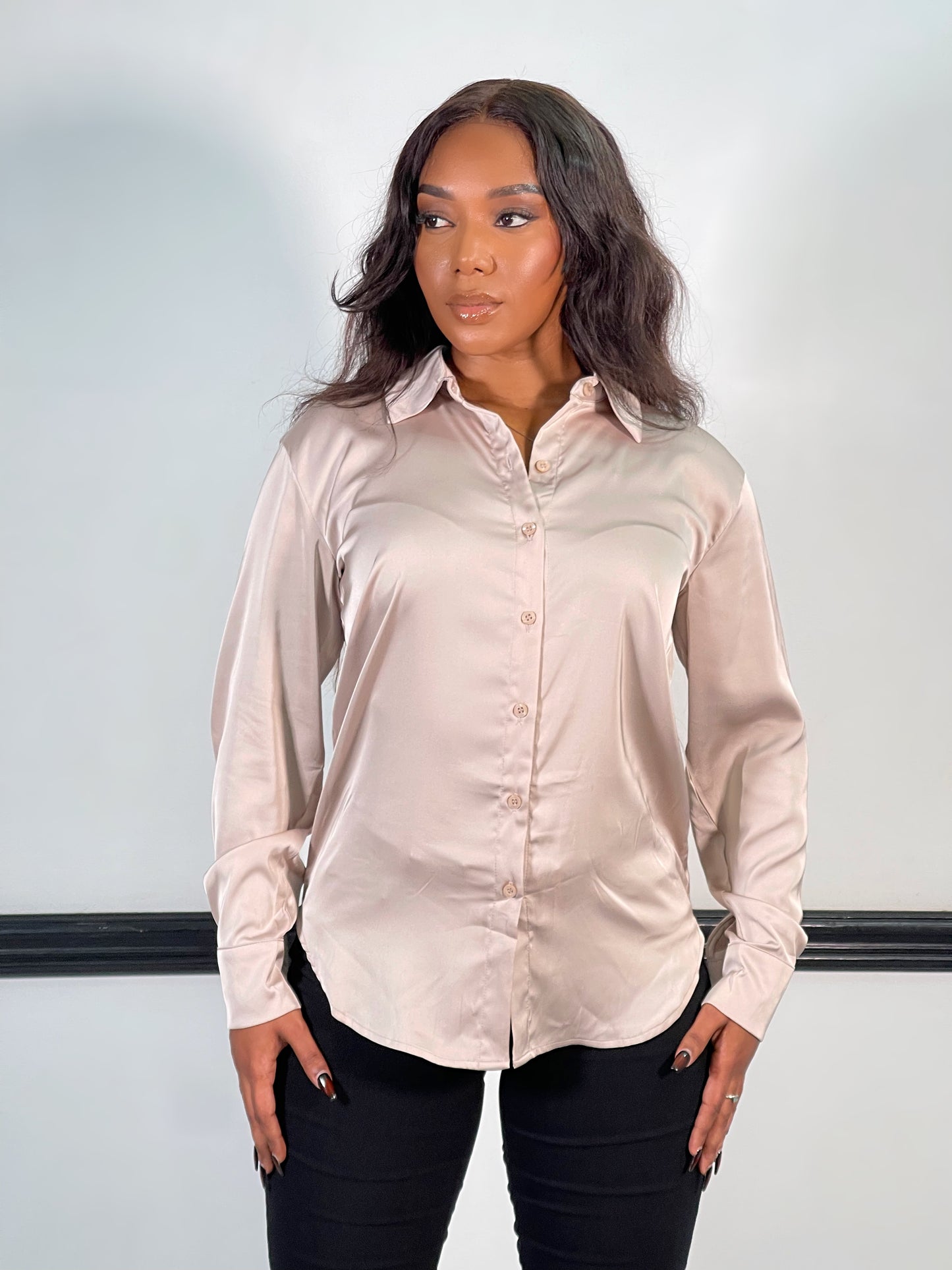 Nova Satin Button Front Shirt-Ash Mocha