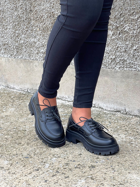 Boss Babe Lace Up Platform Loafers II-Plain Black
