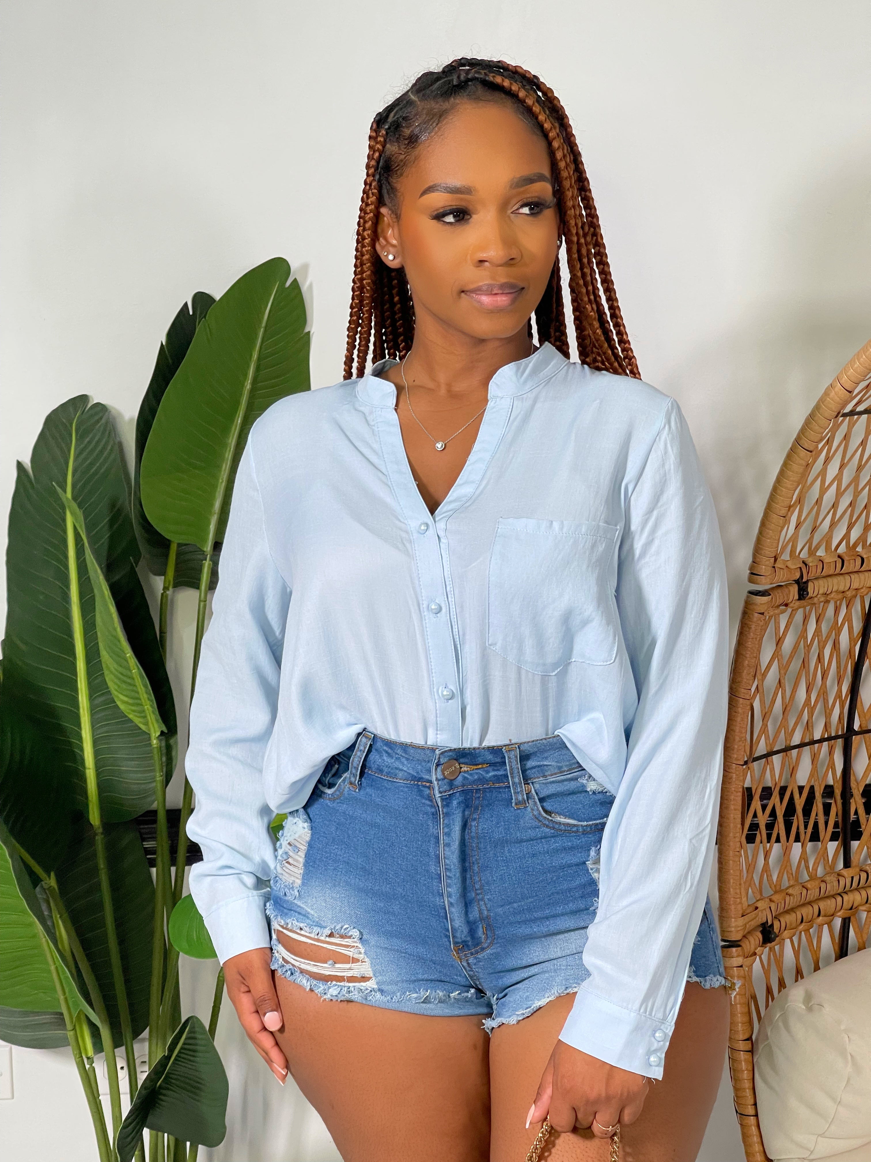 Isla Buttoned Stand Up Collar Top-Light Blue - Impoze Style™