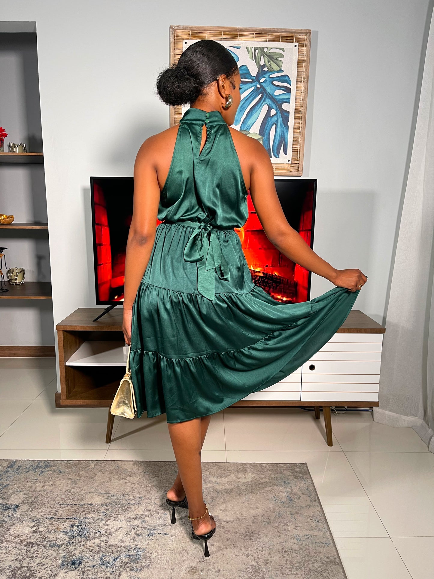 Shani Mock Neck Satin dress- Hunter Green - Impoze Style™