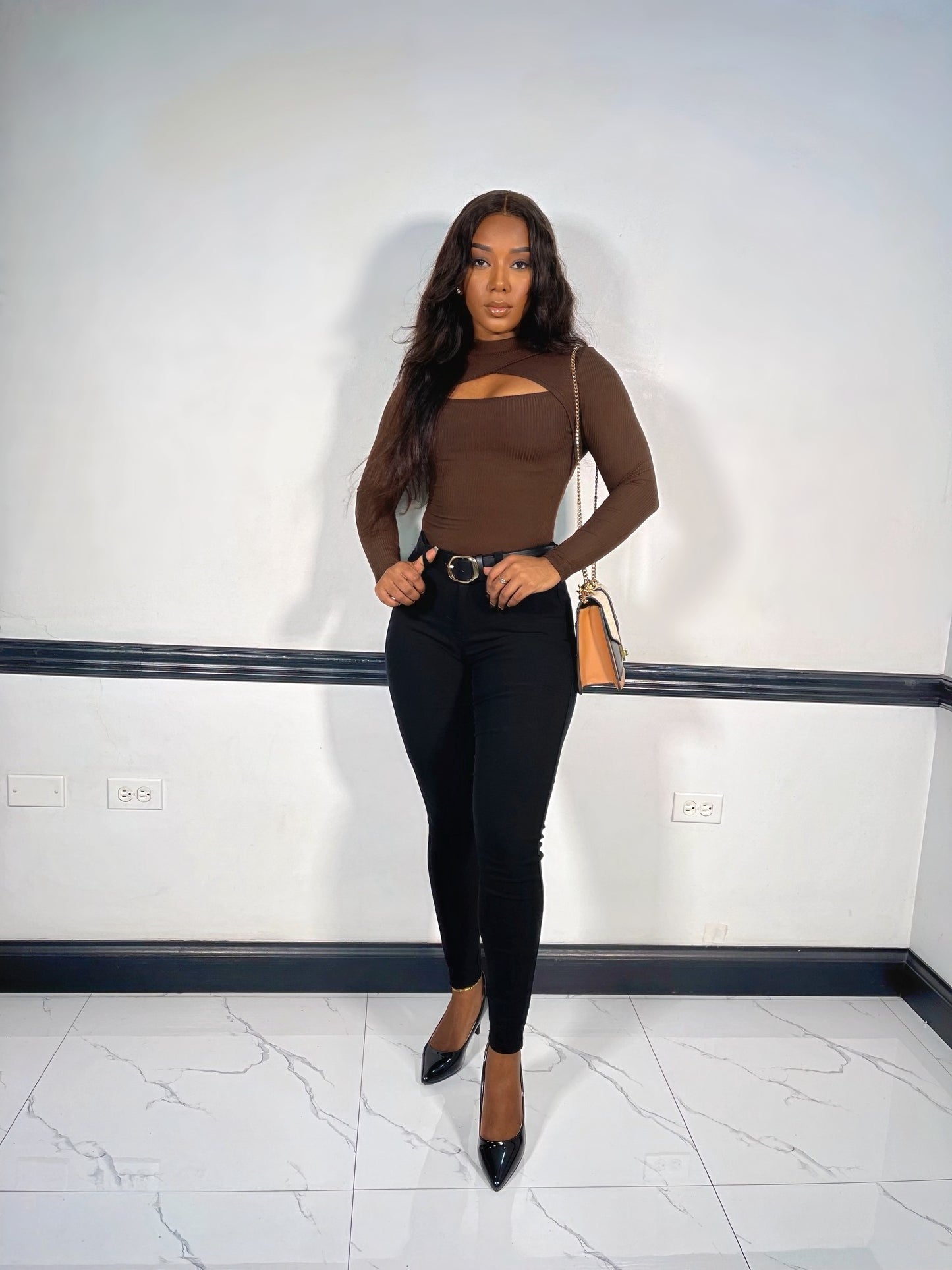 Elena Cut Out Ribbed Bodysuit-Chocolate