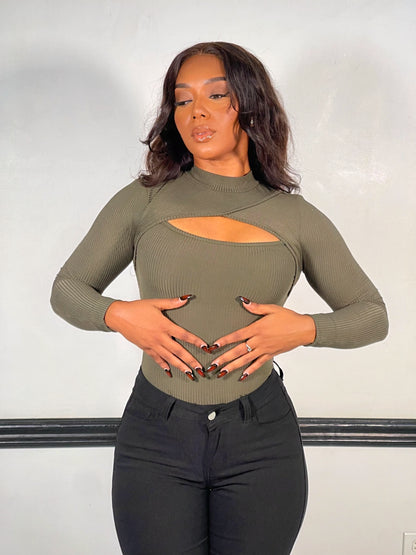 Elena Cut Out Ribbed Bodysuit-Olive