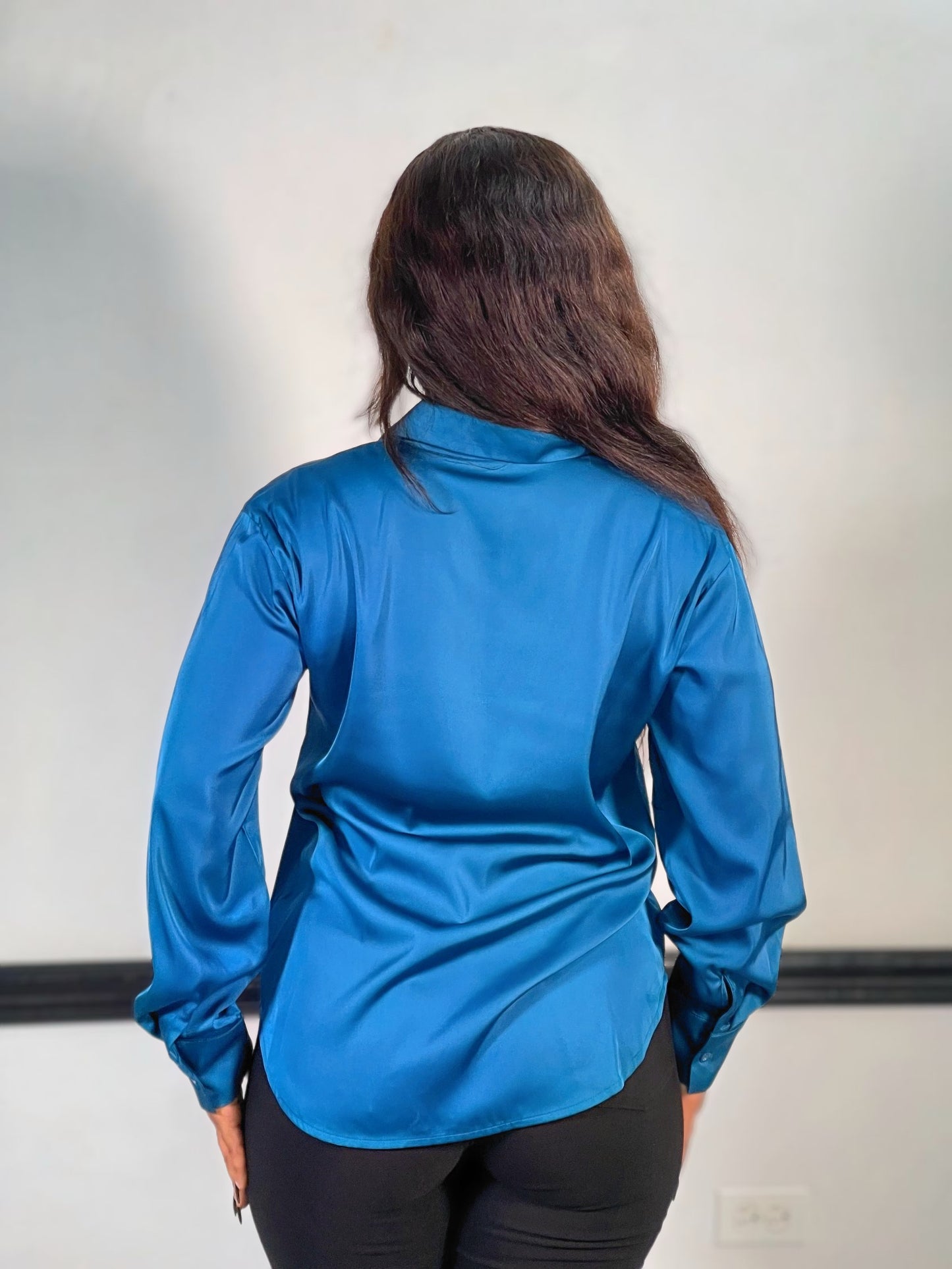 Nova Satin Button Front Shirt-Teal