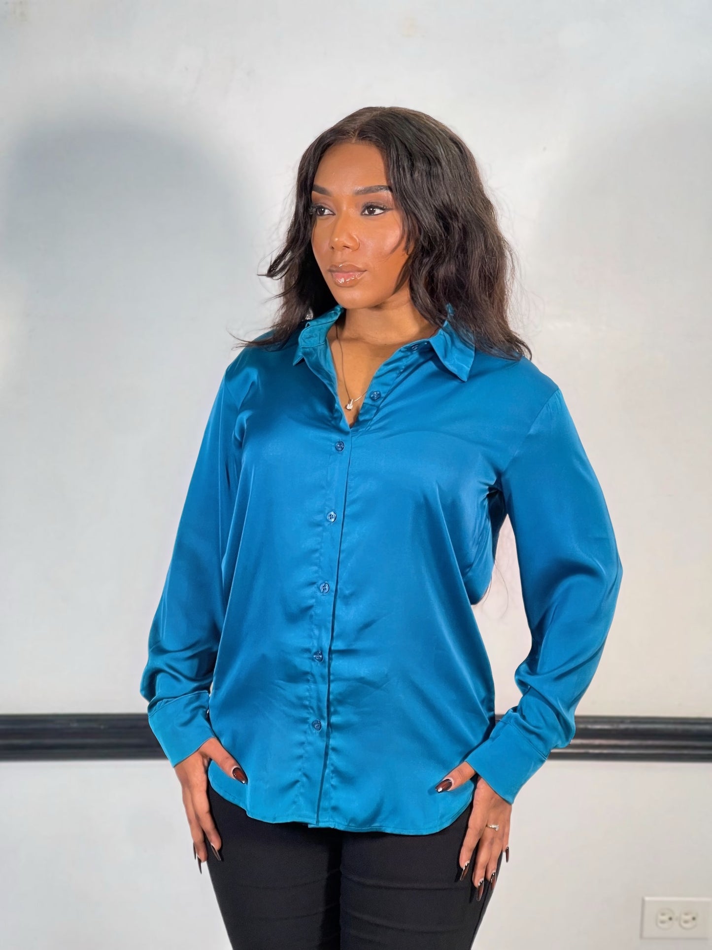 Nova Satin Button Front Shirt-Teal