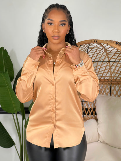 Nova Satin Button Front Shirt-Dark Blush