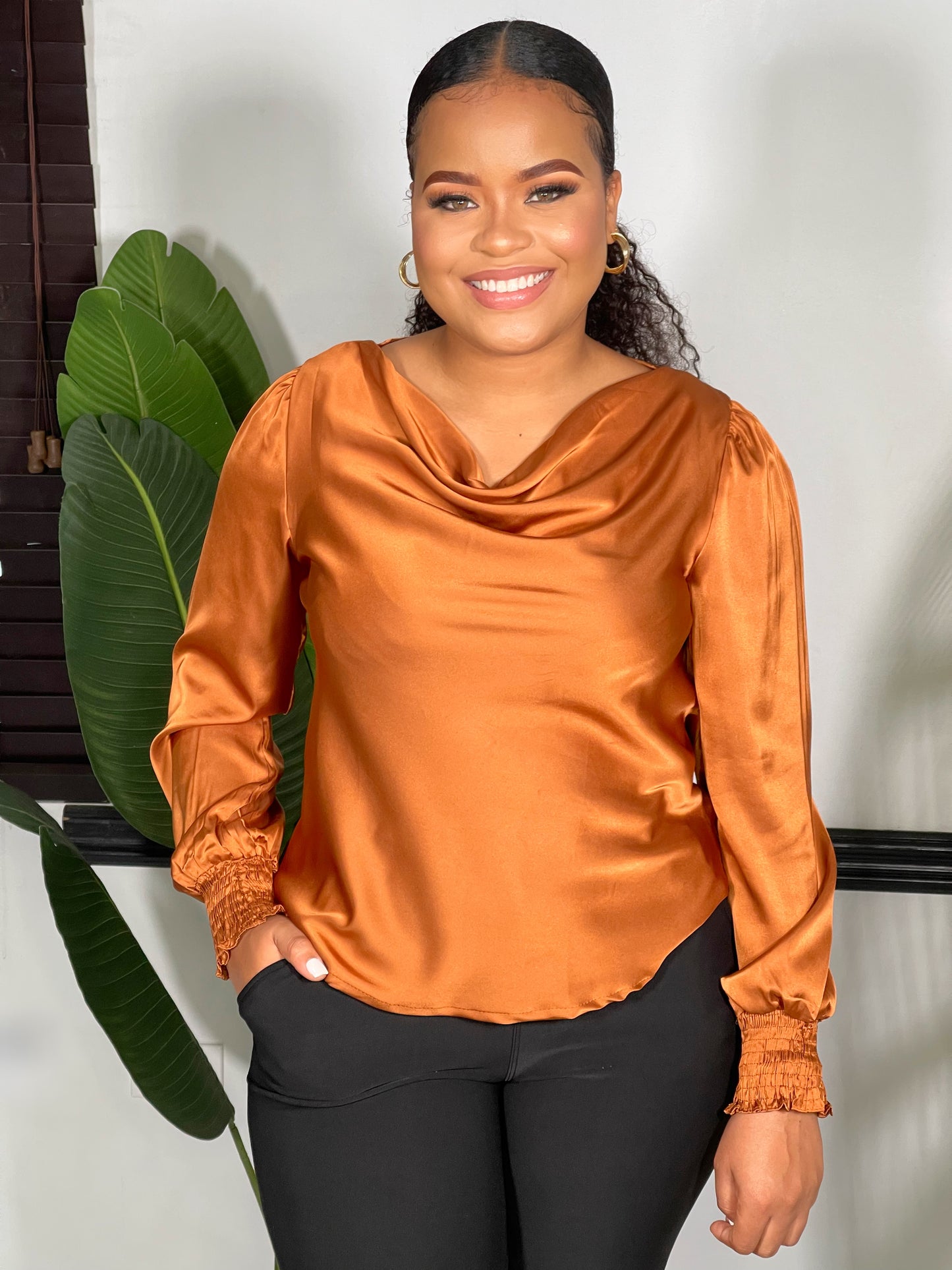 Jade Satin Cowl Neck Blouse-Brown - Impoze Style™