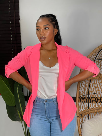 Lourna Buttoned Roll Up Sleeve Jacket-Neon Pink