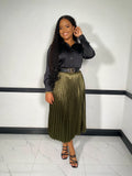 Finding My Way Satin Pleated Skirt-Olive - Impoze Style™