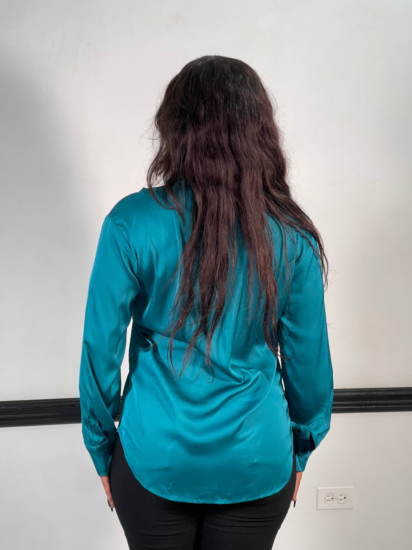 Nova Satin Button Front Shirt-Ocean Teal