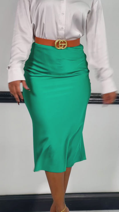 Silhouette Satin Midi Skirt-Green