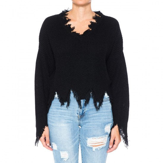 Elsa Distressed Sweater Top-Black - Impoze Style™
