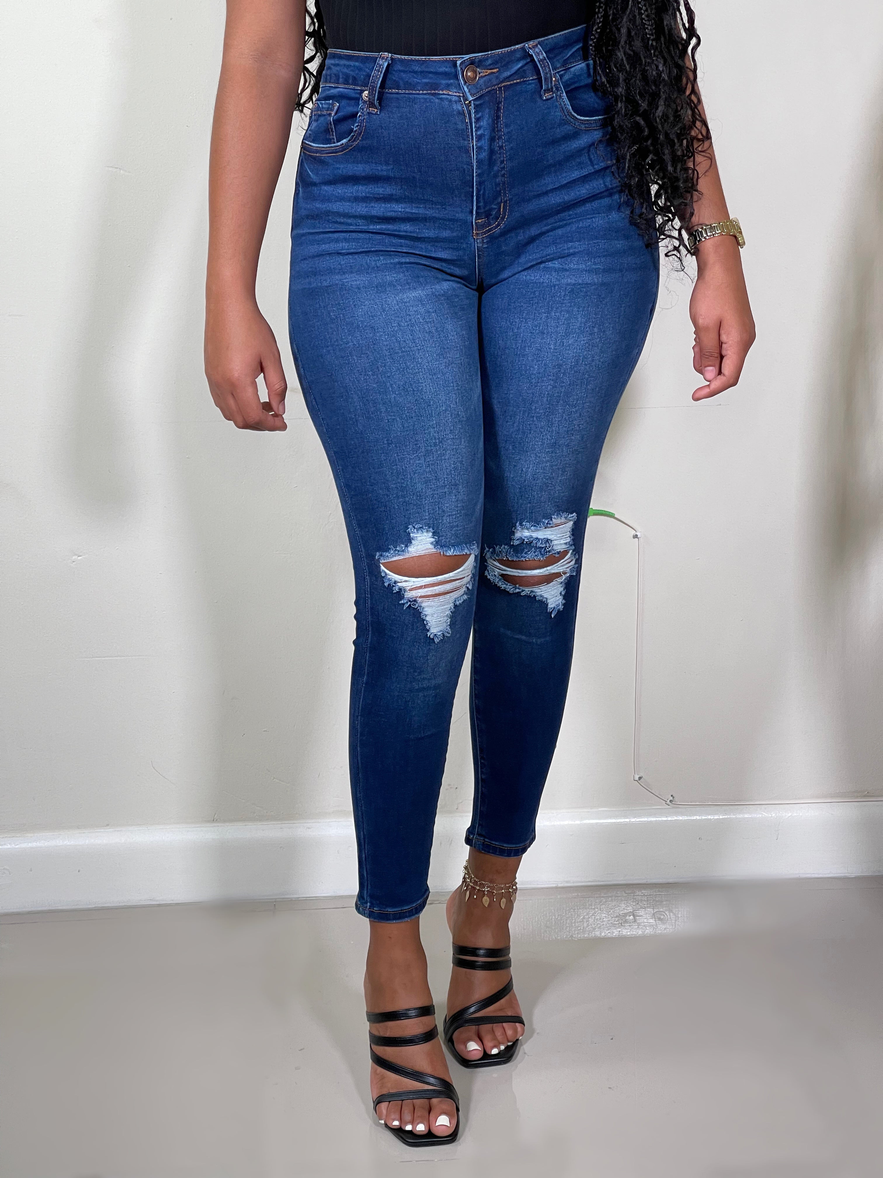 Jovie Knee Destructed High Rise Skinny Jeans-Dark Blue - Impoze Style™