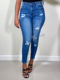 Saffron Destructed High Rise Skinny Jeans-Medium Indigo - Impoze Style™