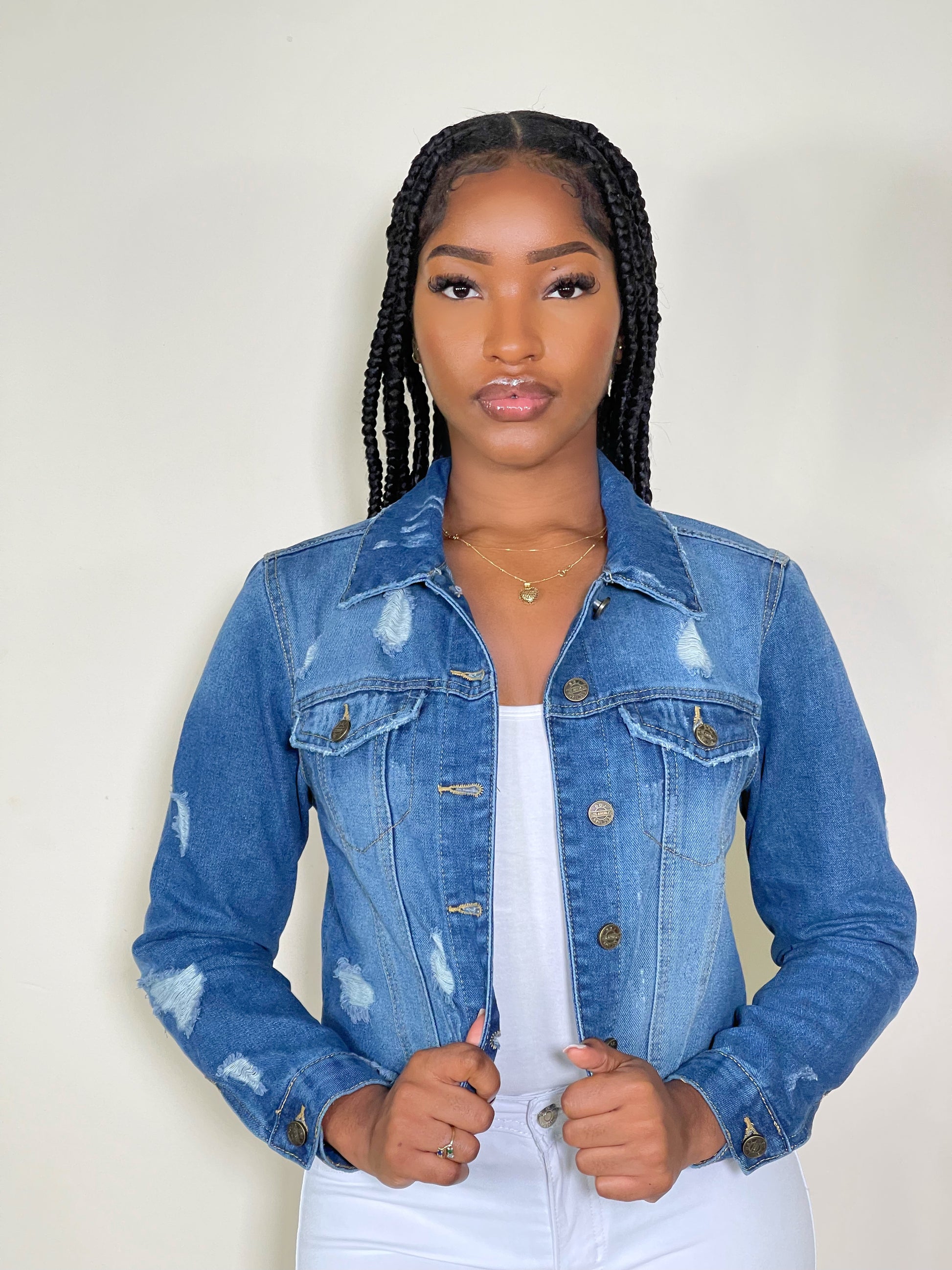 Reese Crop Destructed Denim Jacket-Classic Blue - Impoze Style™