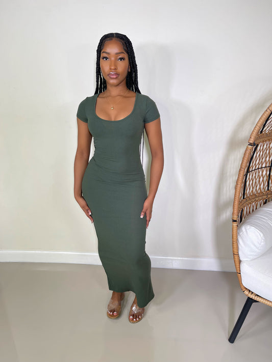 Sushama Cap Sleeve Maxi Dress-Olive - Impoze Style™