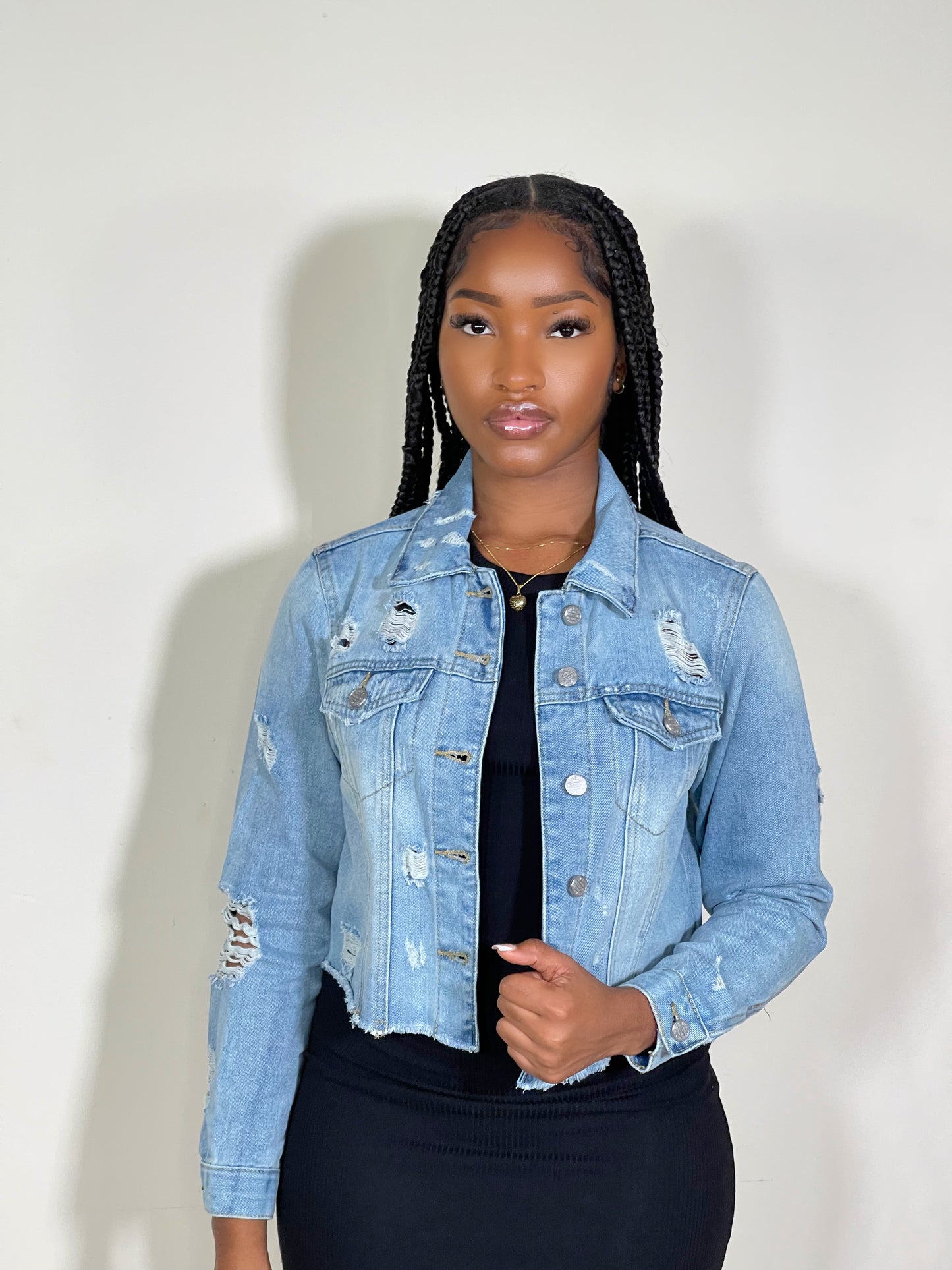 Reese Crop Destructed Denim Jacket-Light Blue - Impoze Style™