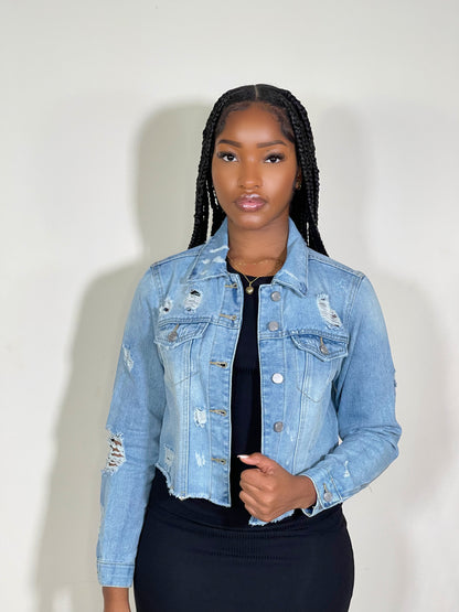 Reese Crop Destructed Denim Jacket-Light Blue - Impoze Style™