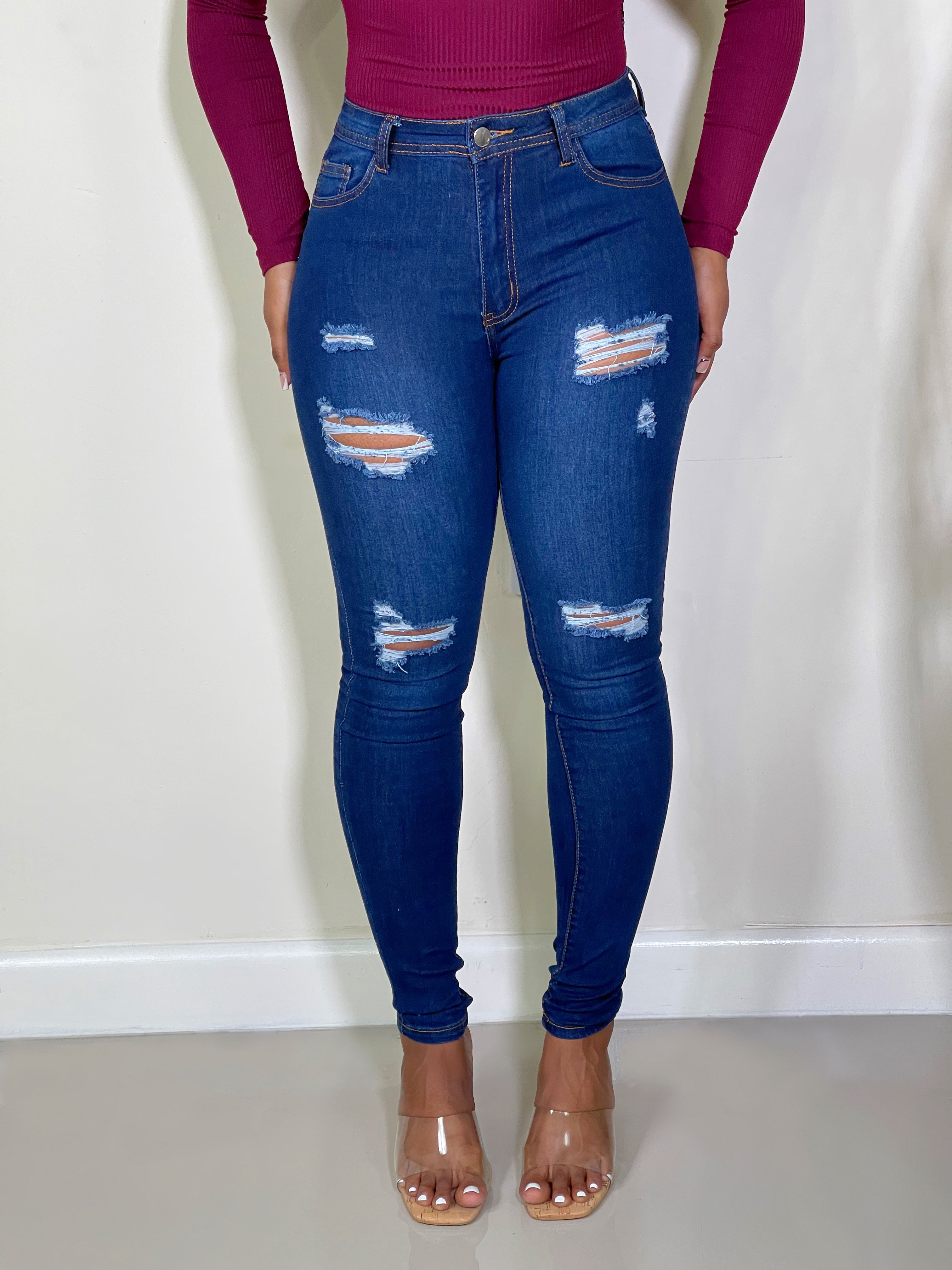 Blue Medium Wash Denim High-Waist Skinny Jeans - Hot Miami Styles