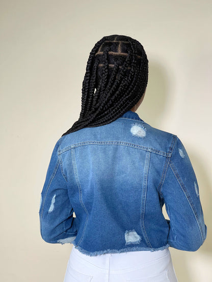 Reese Crop Destructed Denim Jacket-Classic Blue - Impoze Style™