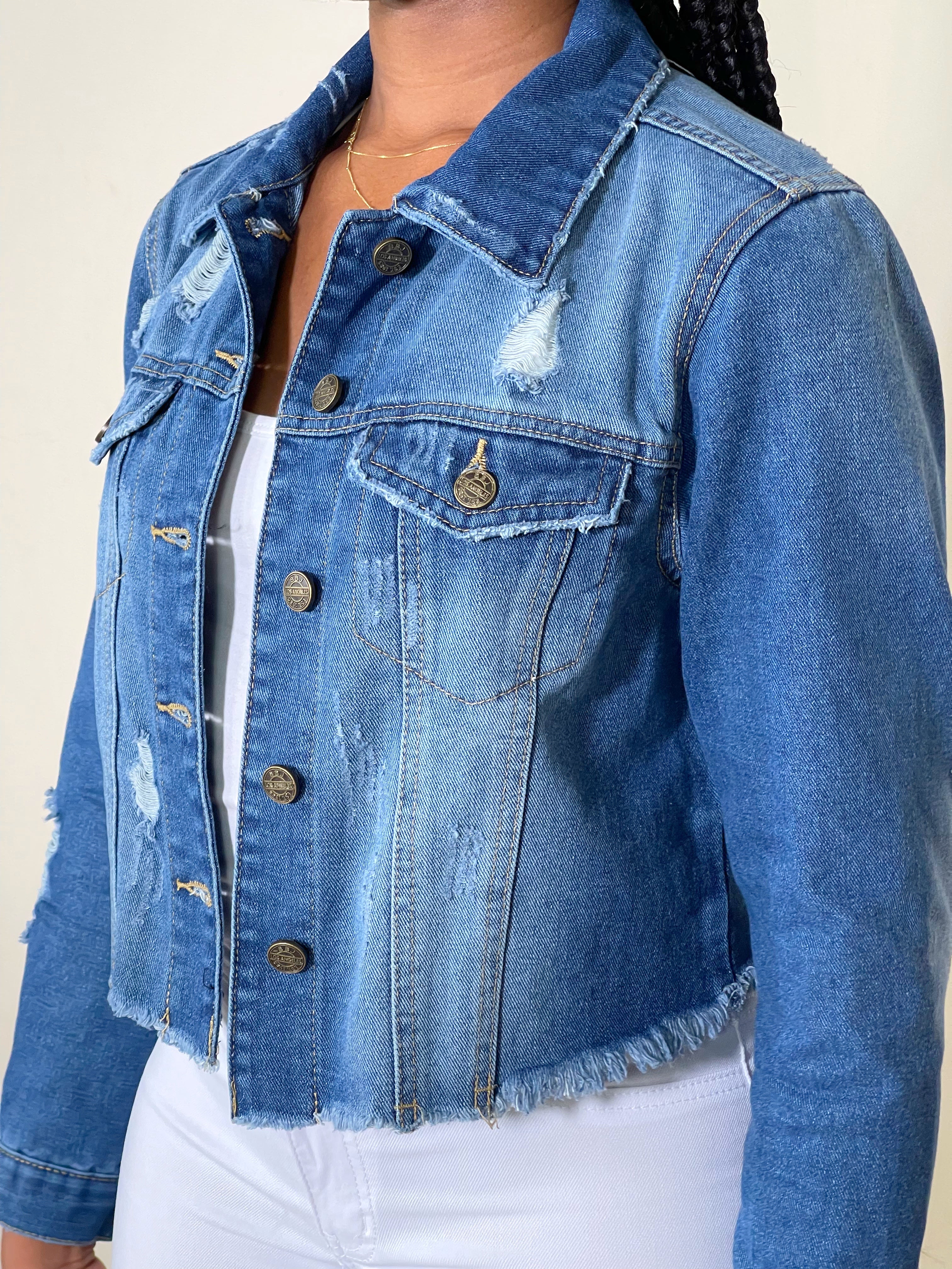 Reese Crop Destructed Denim Jacket-Classic Blue - Impoze Style™