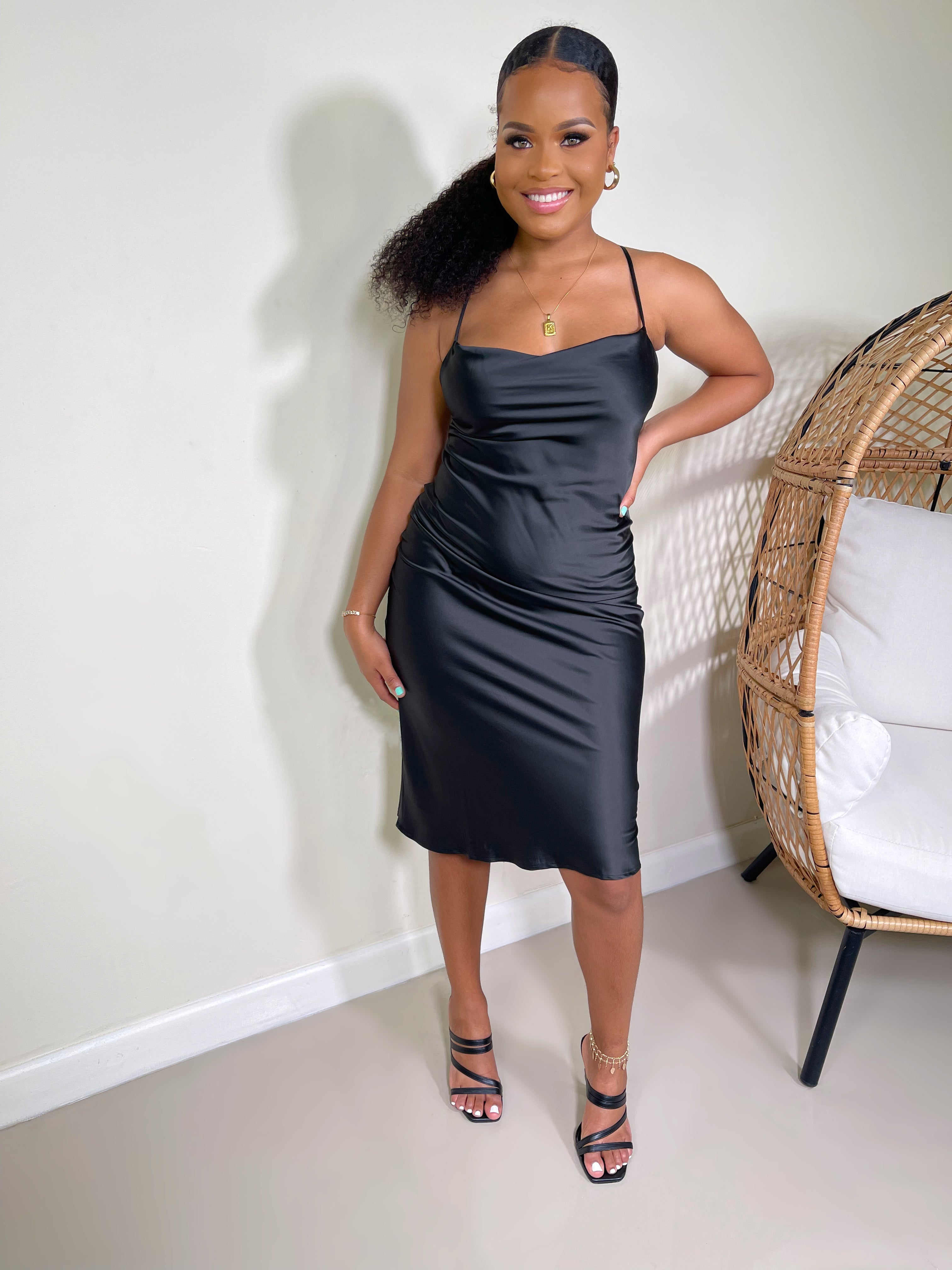 Sophie Satin Midi Cowl Neck Dress-Black - Impoze Style™
