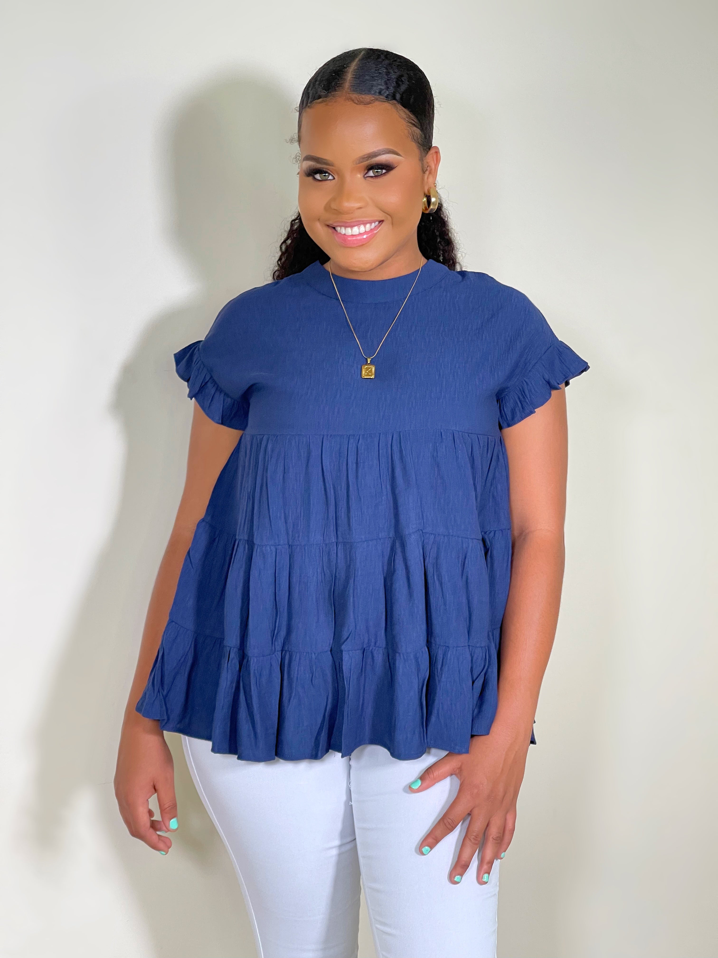 Sia Ruffle Sleeve Tiered Tunic Top-Navy - Impoze Style™