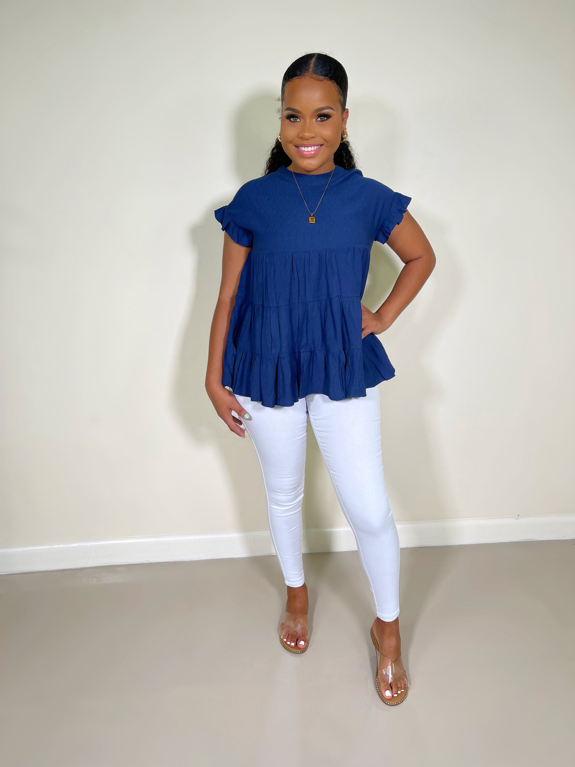 Sia Ruffle Sleeve Tiered Tunic Top-Navy - Impoze Style™