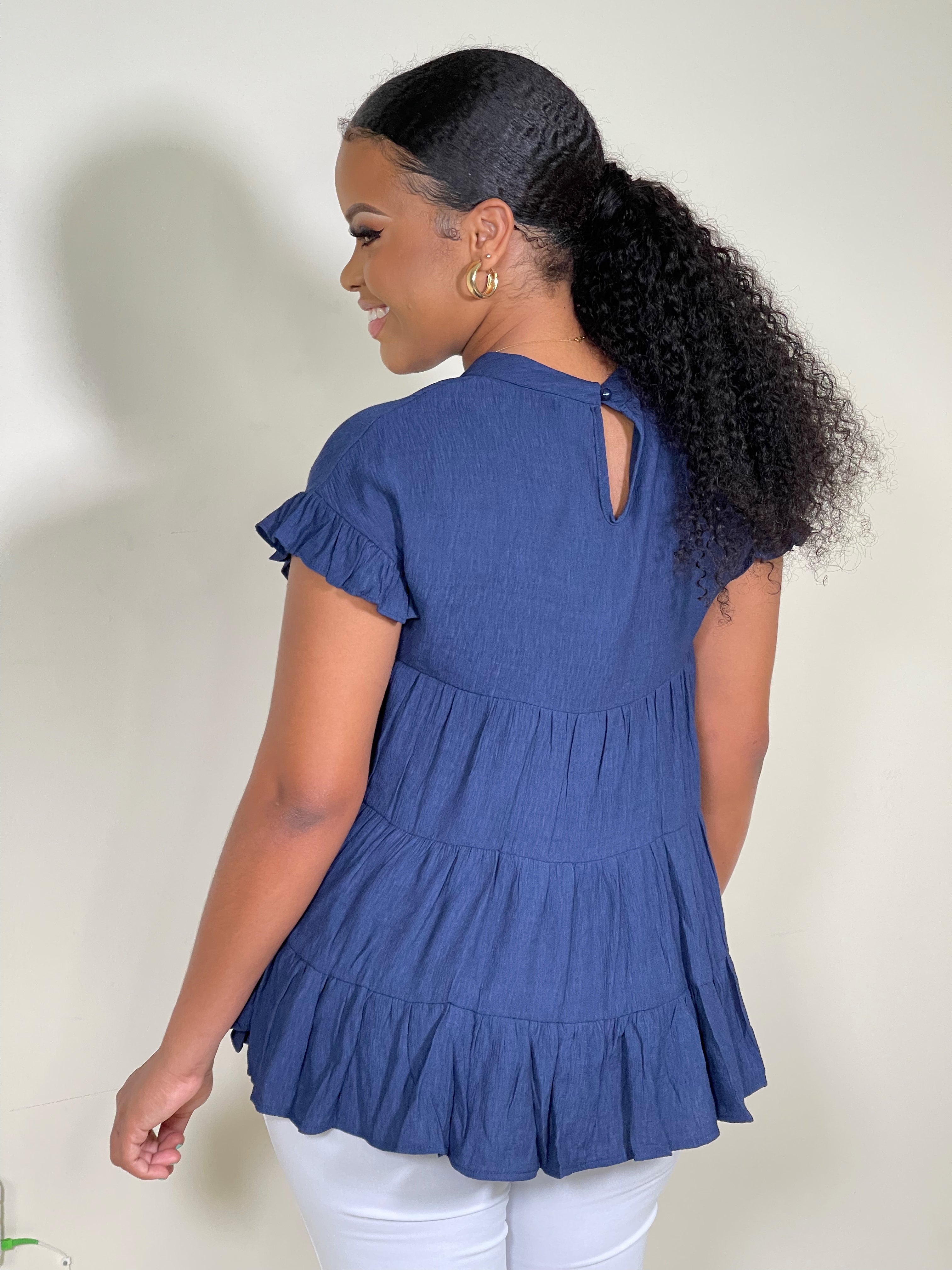 Sia Ruffle Sleeve Tiered Tunic Top-Navy - Impoze Style™