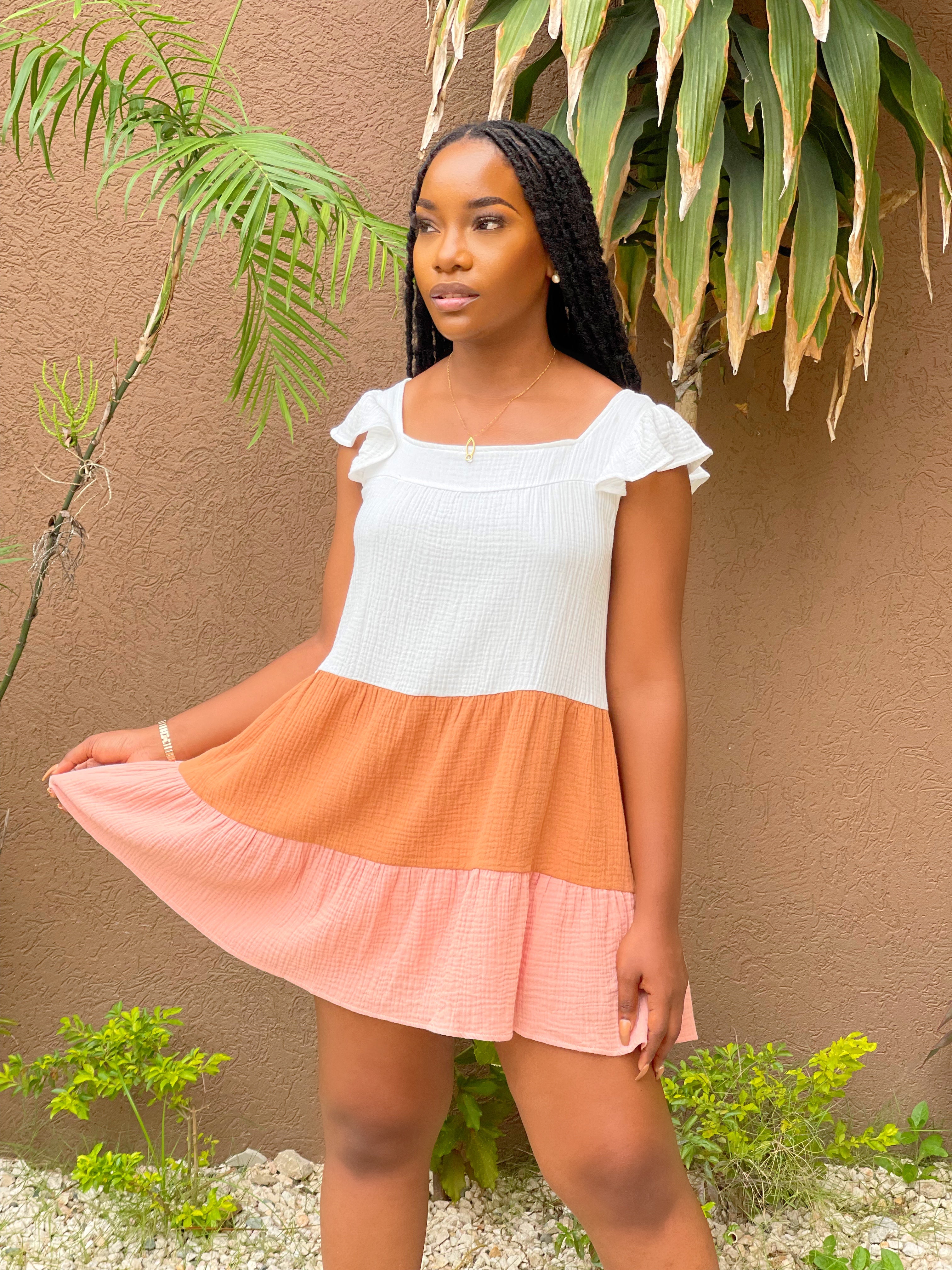 Rhea Mini Dress- Ivory Brown Pink - Impoze Style™