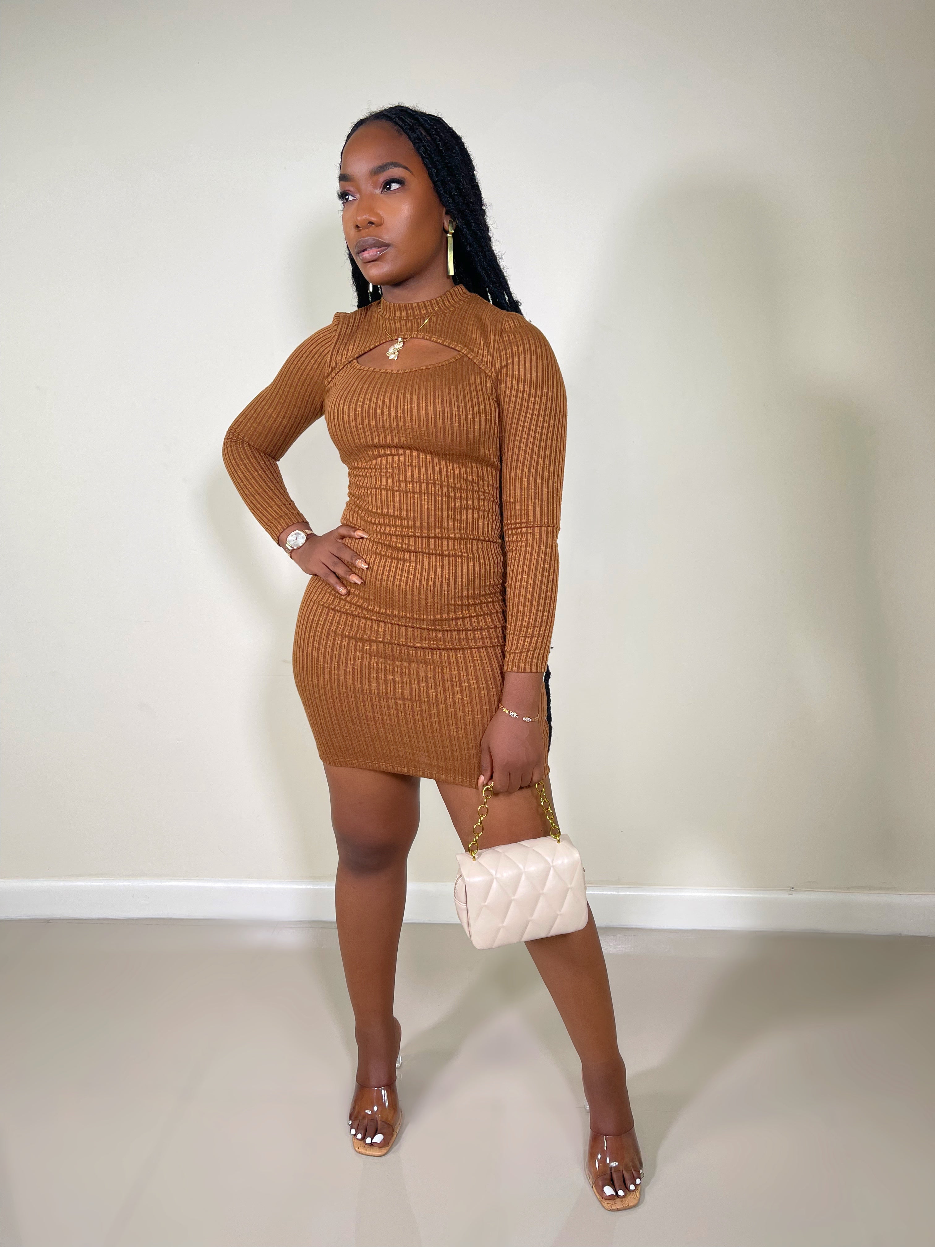 Solana Sweater Ribbed Midi Dress-Brown - Impoze Style™