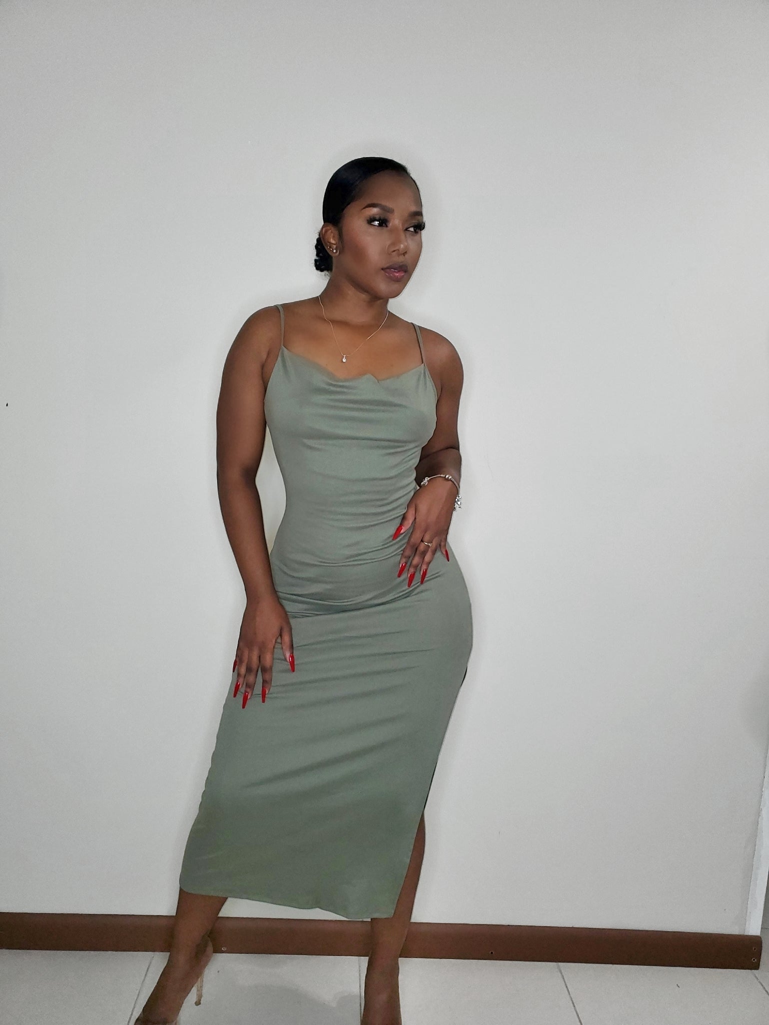 Carling Midi Cowl Neck Ribbed Dress-Dill Sage - Impoze Style™