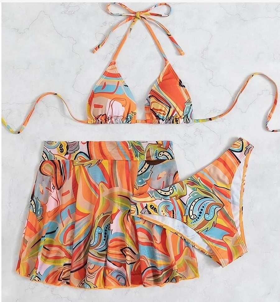 Pool Side Vibing Three Piece Bikini-Orange - Impoze Style™