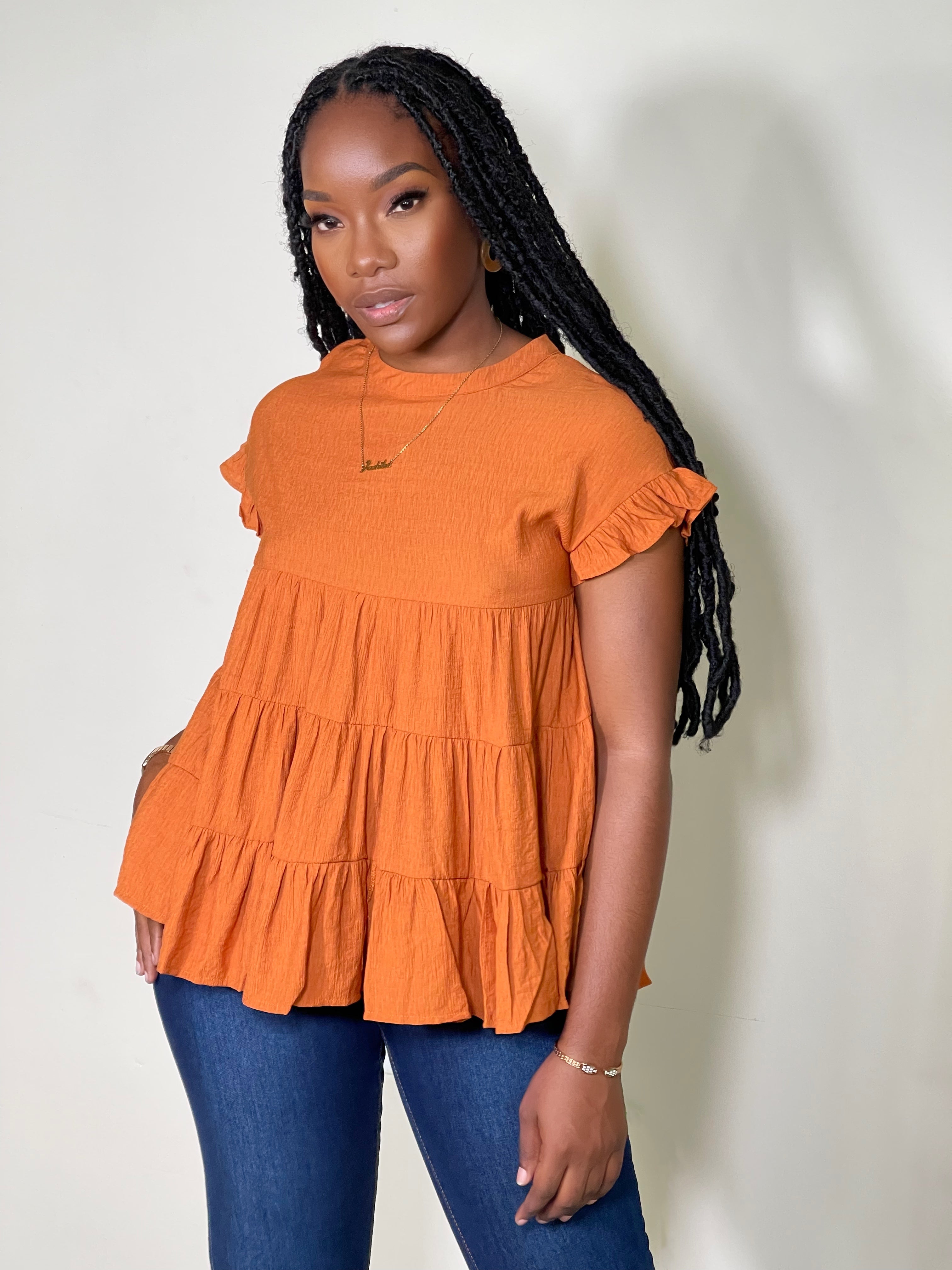 Sia Ruffle Sleeve Tiered Tunic Top-Camel - Impoze Style™