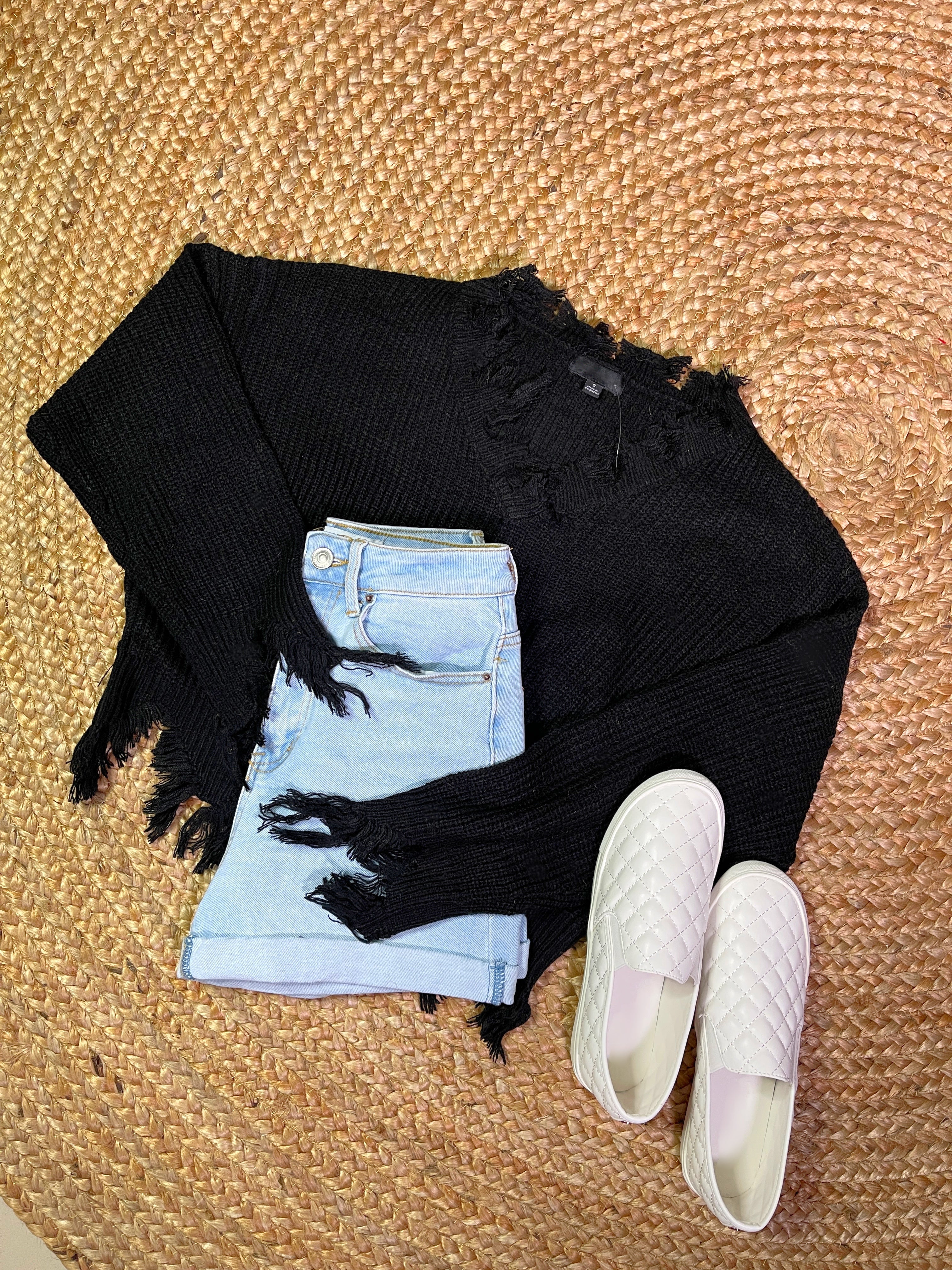 Elsa Distressed Sweater Top-Black - Impoze Style™
