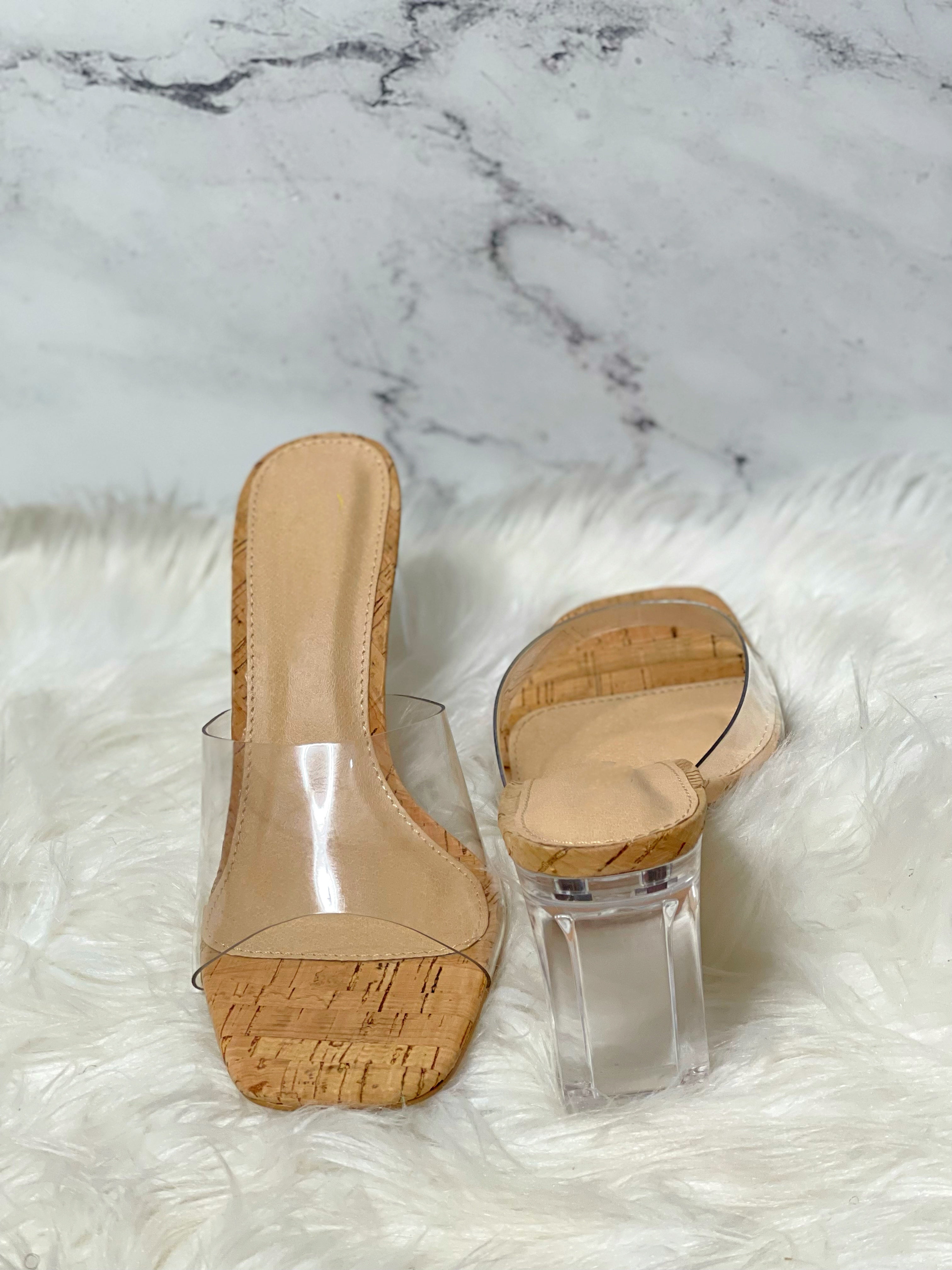 Barely There Clear Slide In Chunky Heels-Cork - Impoze Style™