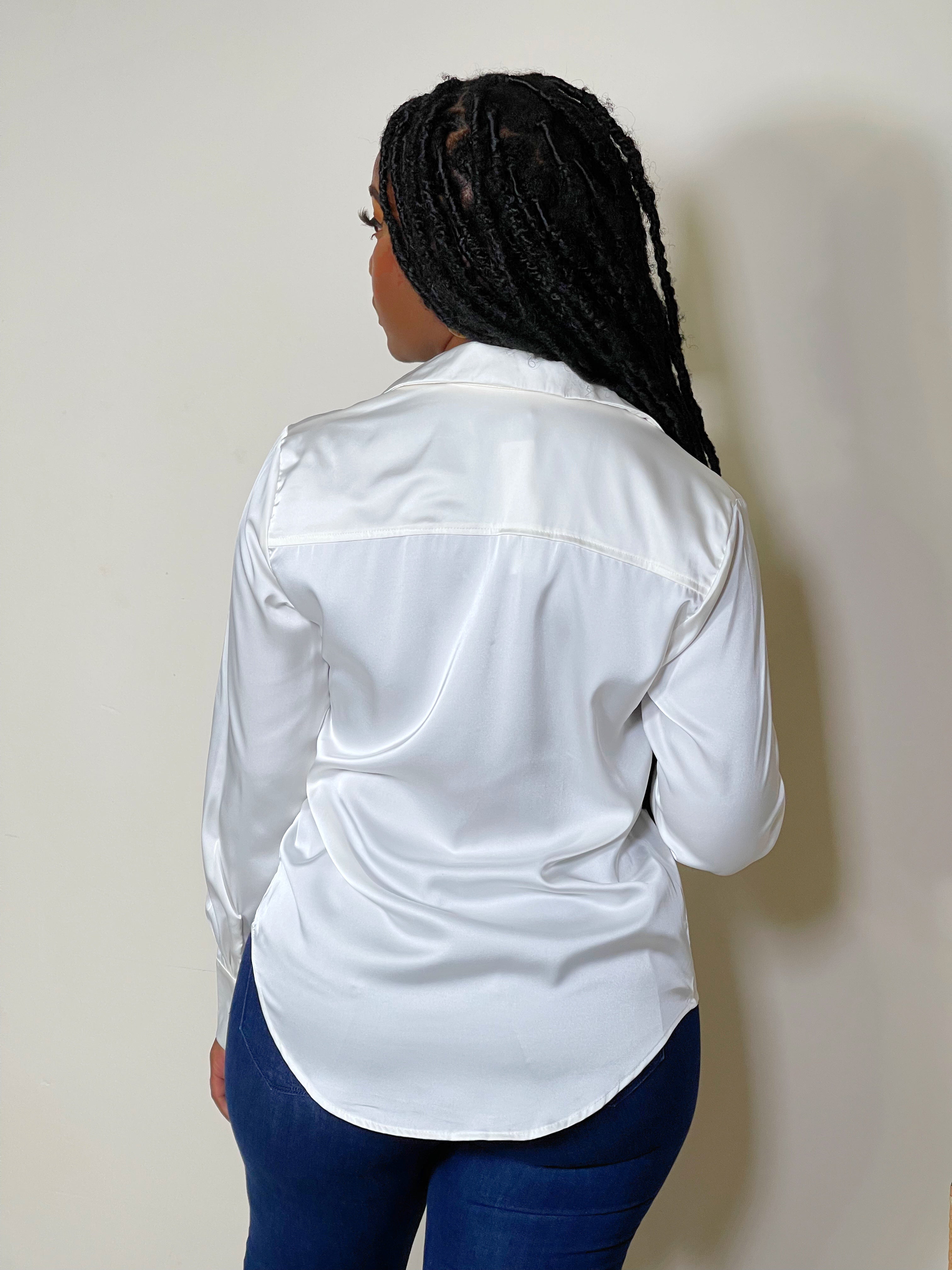 Tania Satin Button Front Shirt-Off White - Impoze Style™